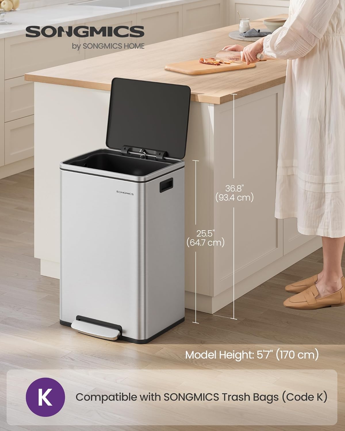 SONGMICS Trash Can, 13-Gallon Gabbage Can, with 15 Trash Bags, Stainless Steel, with Soft-Close