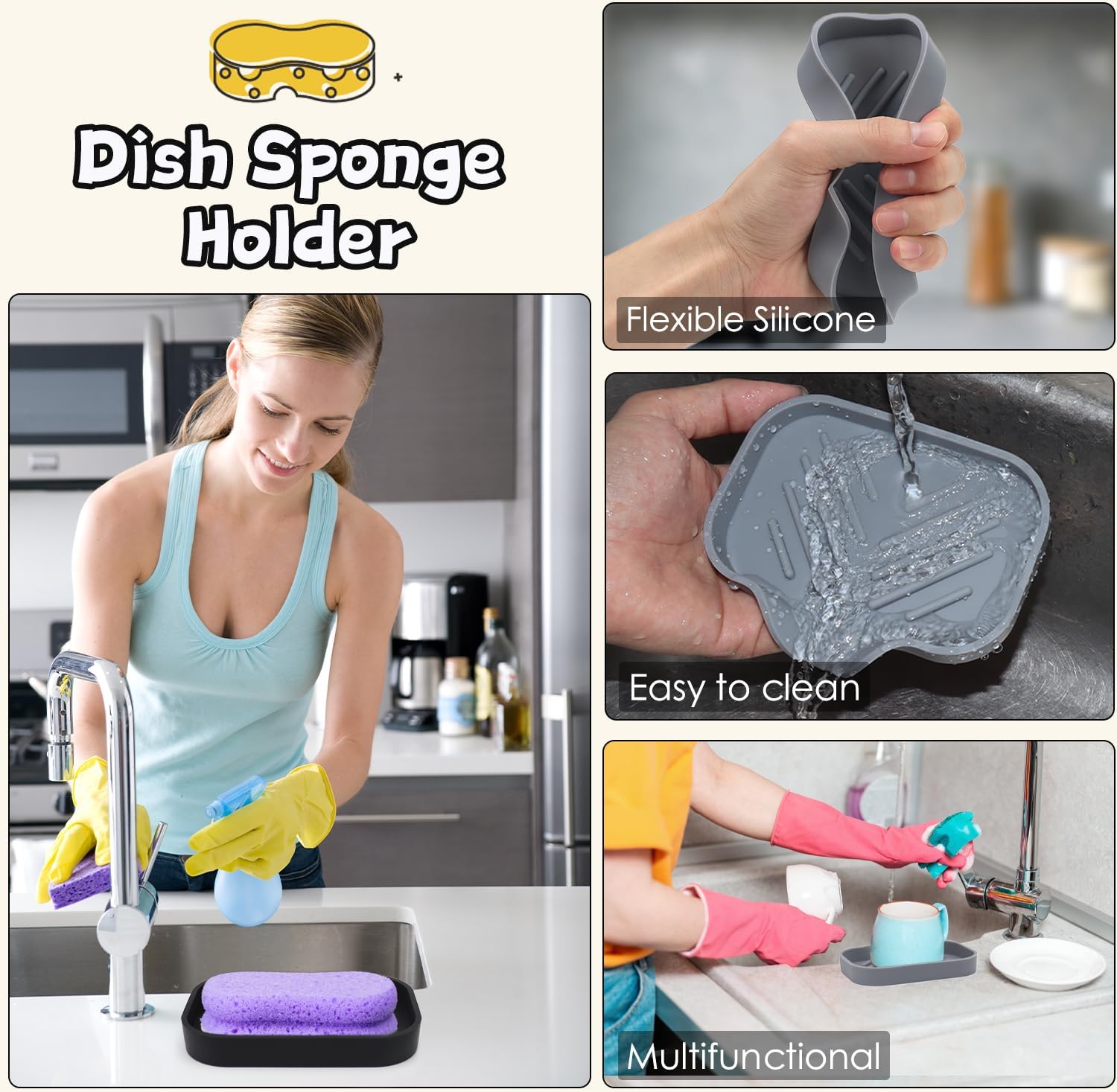 YASMEN 2 Pcs Silicone Soap Dish, Soap Holder with Drain, Sponge Holder for Kitchen Sink, Soap