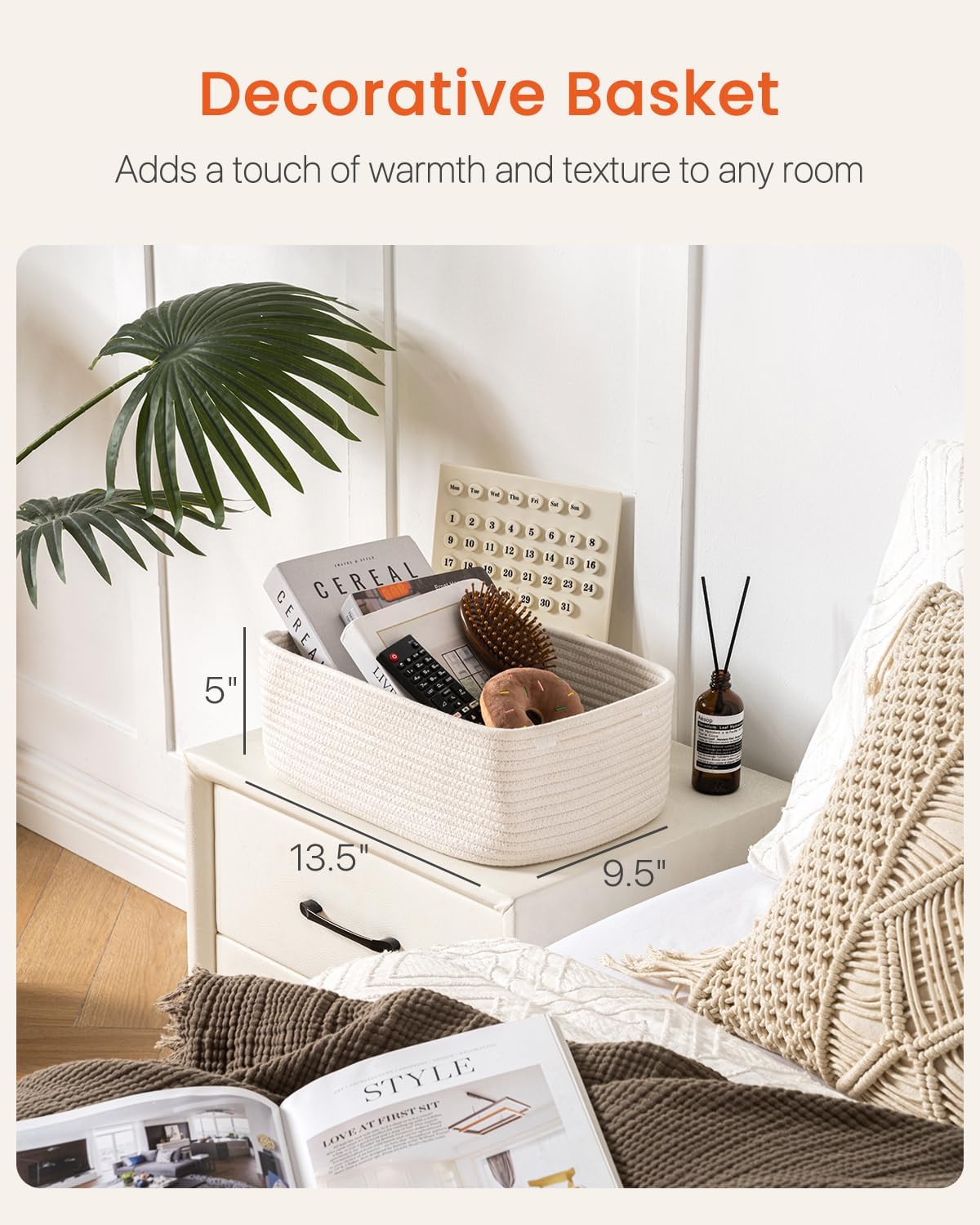 Small Woven Basket, 13.5 x 9.5 x 5 Inches, Storage Basket for Organizing, Cute Small Rope Shelf