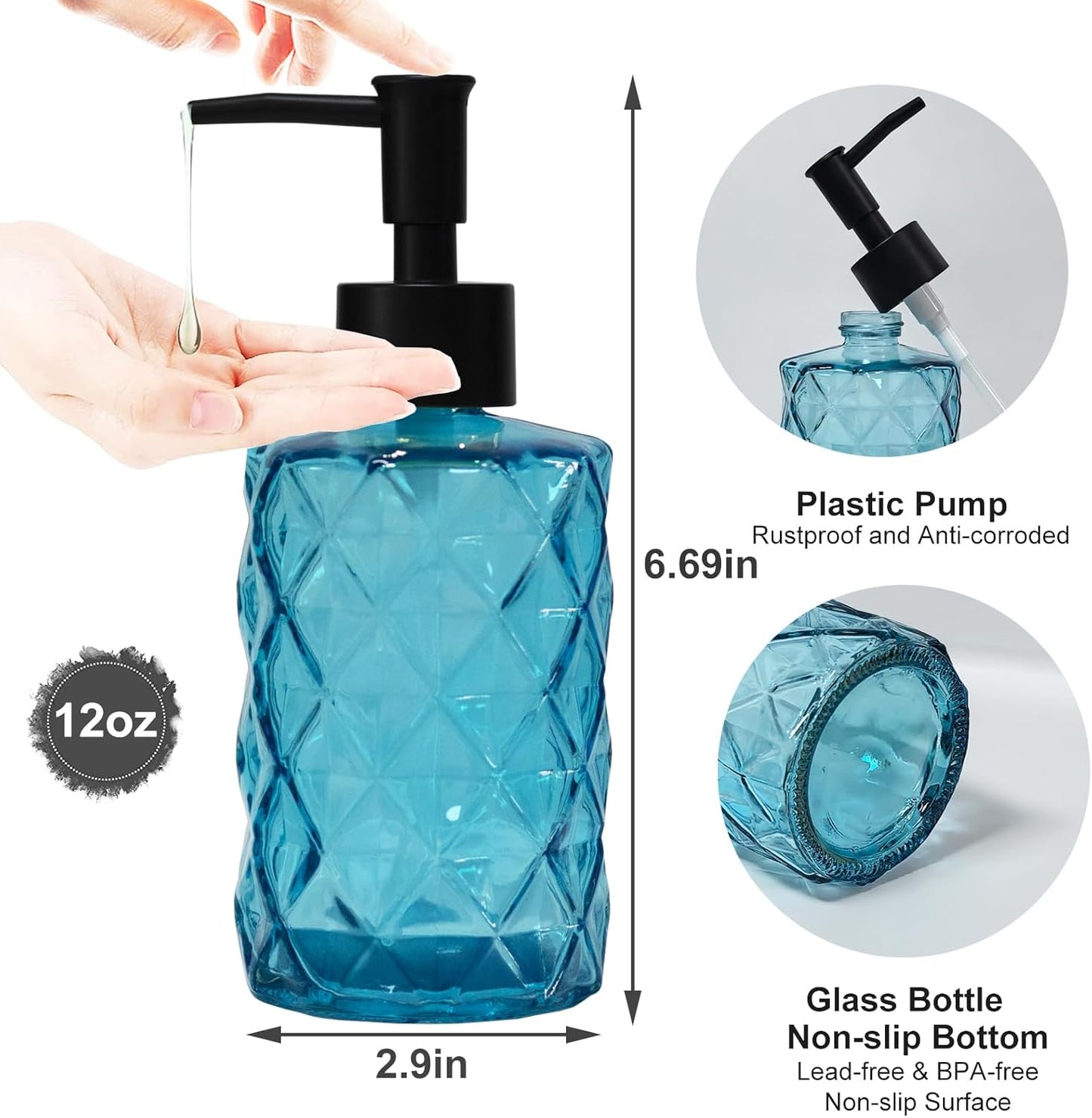 Blue Glass Soap Dispenser with Black Plastic Pump, 12oz Refillable Liquid Hand Soap Dispenser