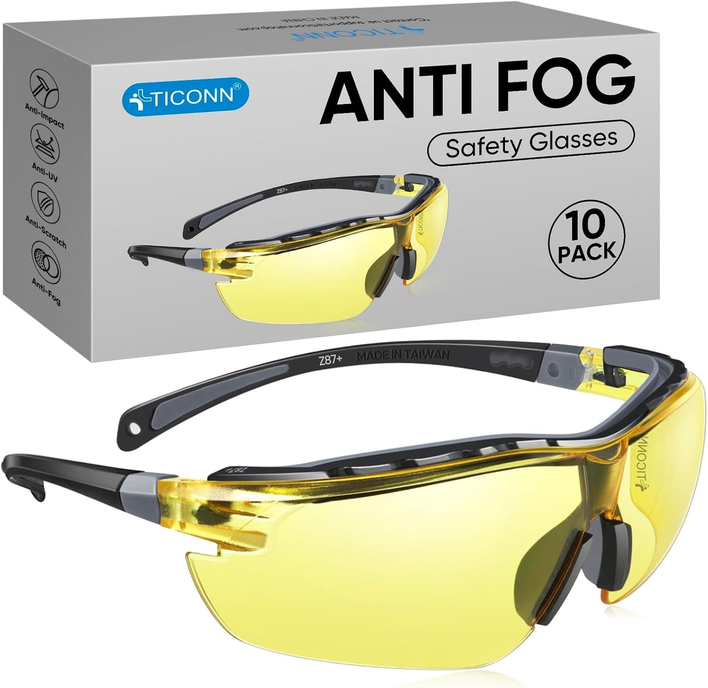 TICONN Anti-Fog Safety Glasses for Men and Women, ANSI Z87.1 Scratch Proof Eye Goggles with