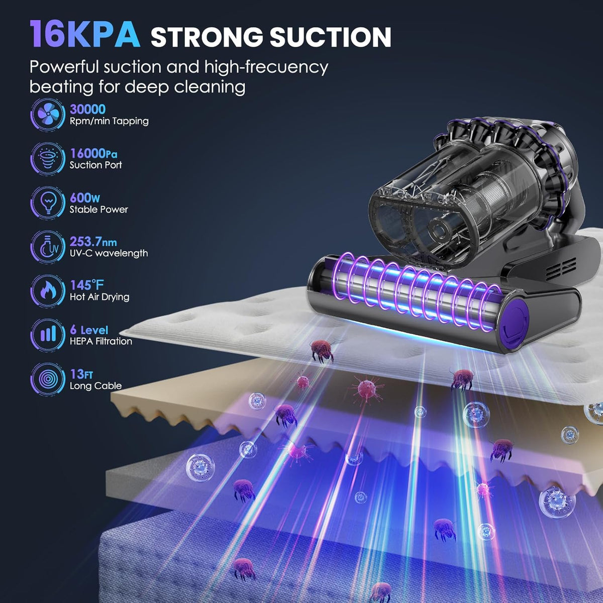 Mattress Vacuum Cleaner, 16Kpa Bed Vacuum Vleaner 253.7nm UV-C Light, 145°F Heat, HEPA Filter &