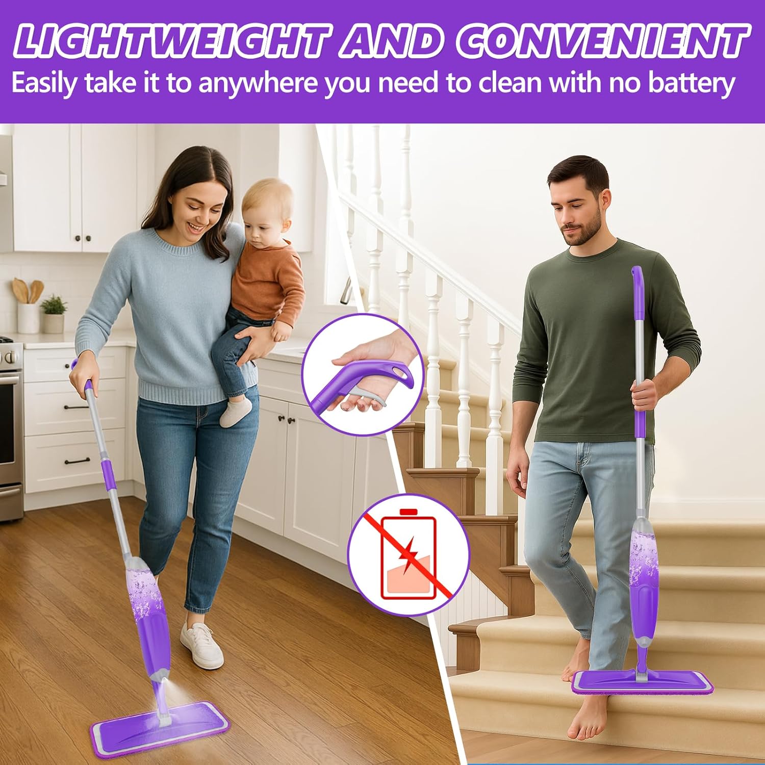 HOMTOYOU Spray Mops for Floor Cleaning: Wet Mop for Hardwood Tile Wood Laminate Vinyl - 3 Washable