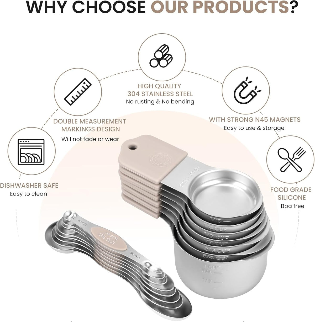 Magnetic Measuring Cups and Spoons Set-Heavy Duty 304 Stainless Steel，Double Measurement