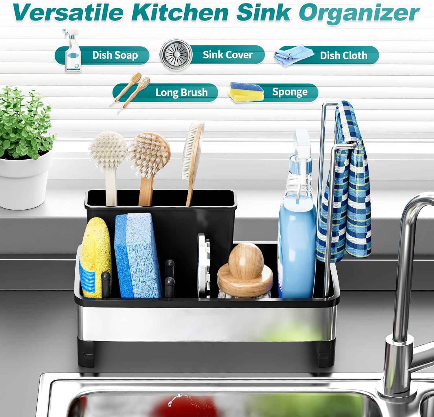 Stainless Steel Sink Caddy, Sponge Holder for Kitchen Sink with Brush Holder & Dishcloth Rack