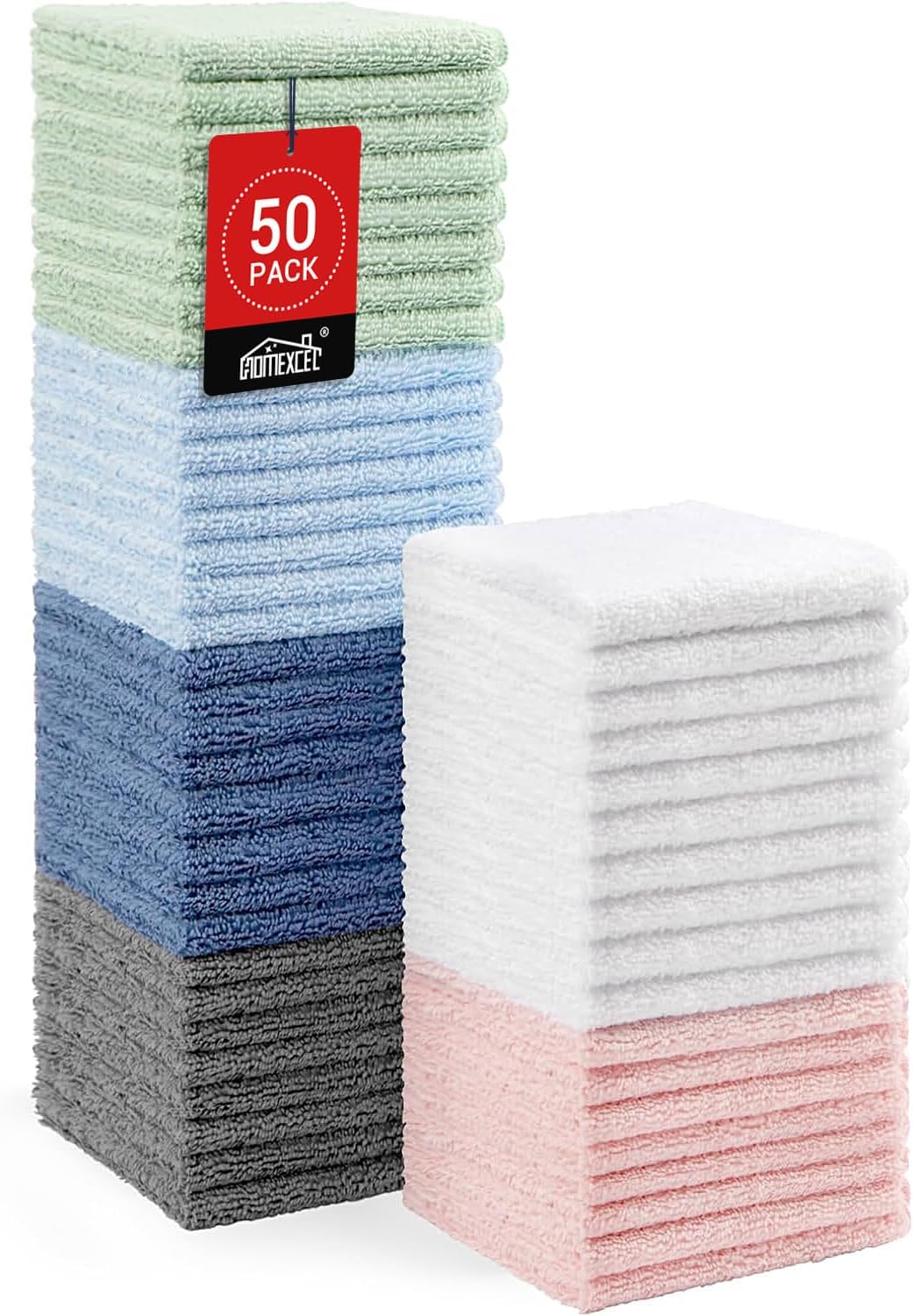 HOMEXCEL Microfiber Washcloths 50 Pack, Highly Absorbent and Soft Face Towel, Multi-Purpose Wash