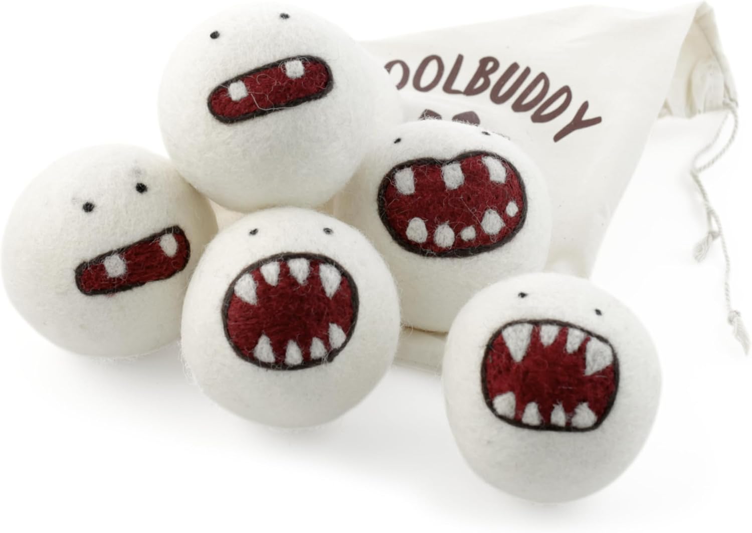 Woolbuddy Dryer Balls, 6-Pack Reusable Wool Laundry Accessories, Monster Design for Pet Hair