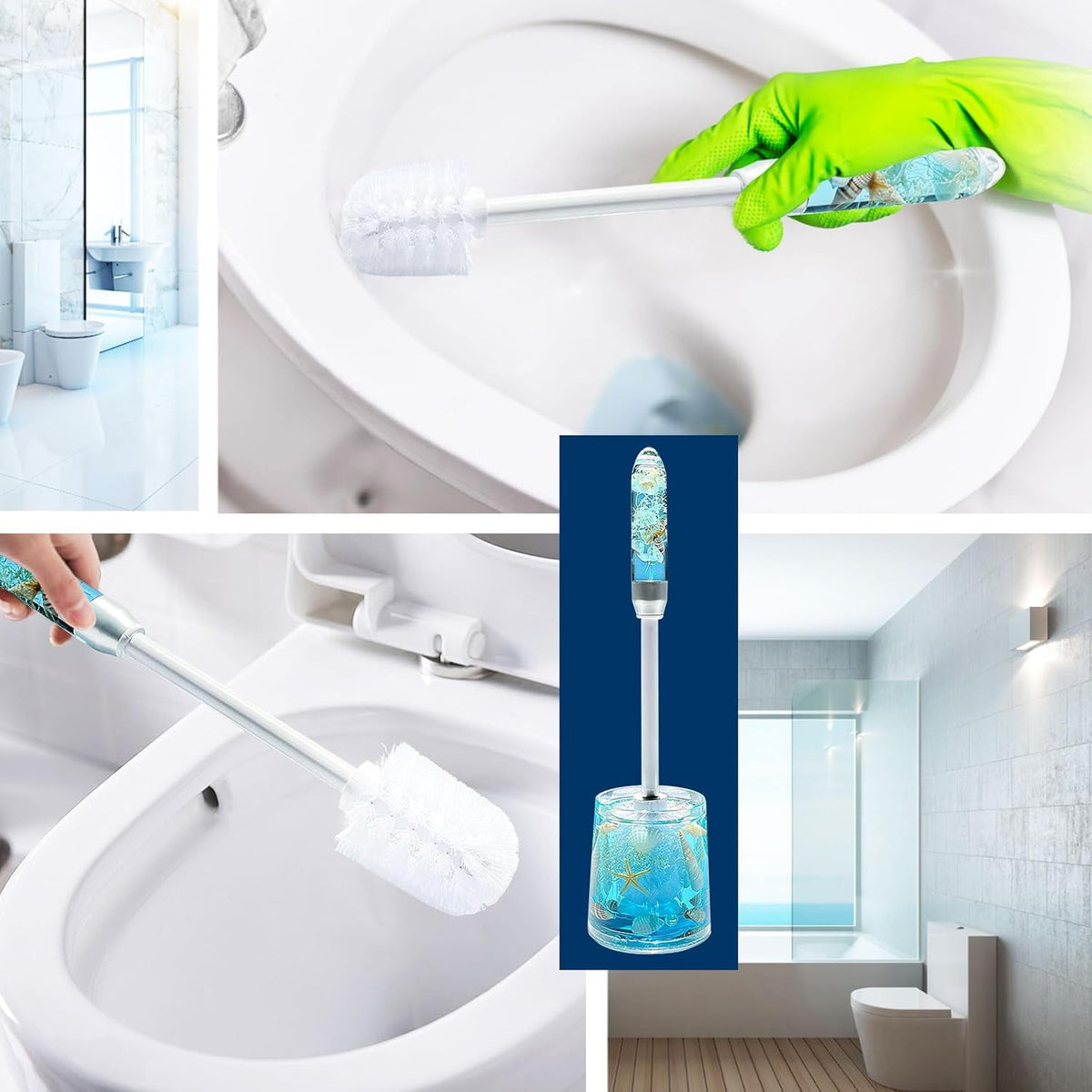 FONMY Toilet Brush and Holder Acrylic with Nature Seashell,Compact Size Toilet Bowl Brush with