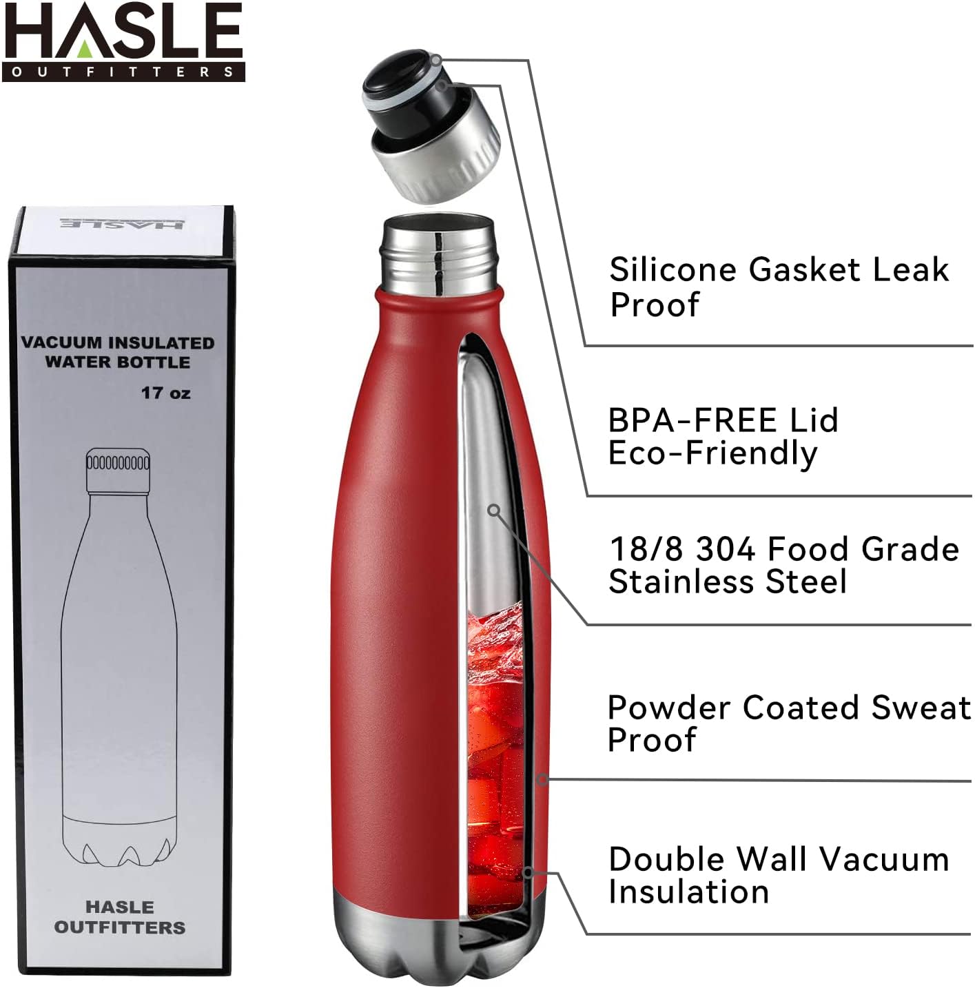 HASLE OUTFITTERS 17oz Stainless Steel Water Bottles Bulk, Vacuum Insulated Water Bottles Double