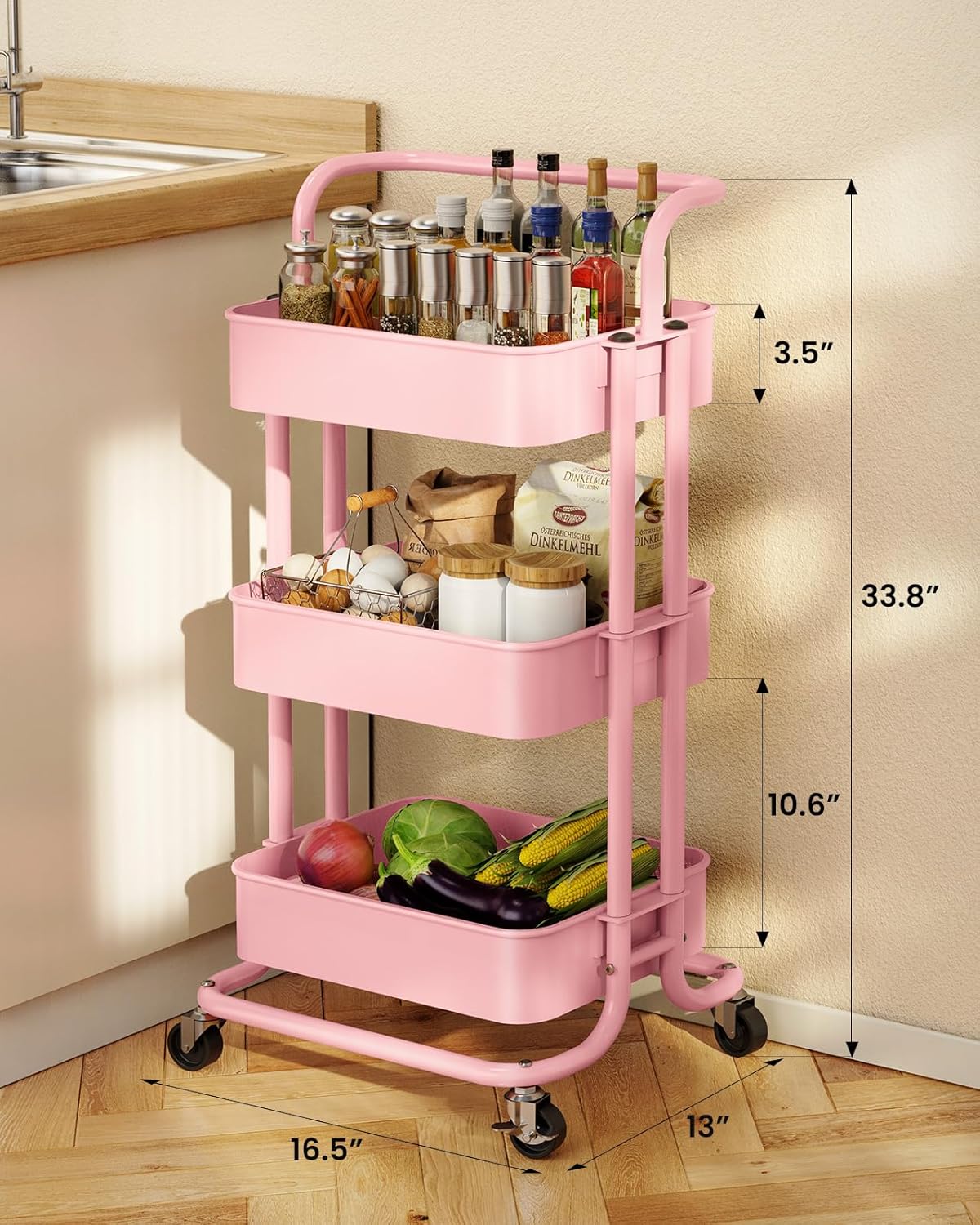 Pipishell 3 Tier Mesh Utility Cart, Rolling Metal Organization Cart with Handle and Lockable
