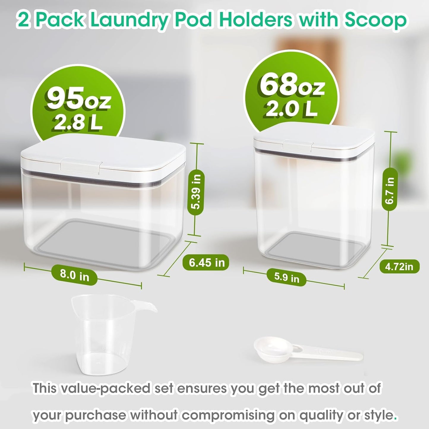 2 Pack Laundry Pods Container with One-Click Pop-up Lid, 95 oz + 68 oz Laundry Room Detergent