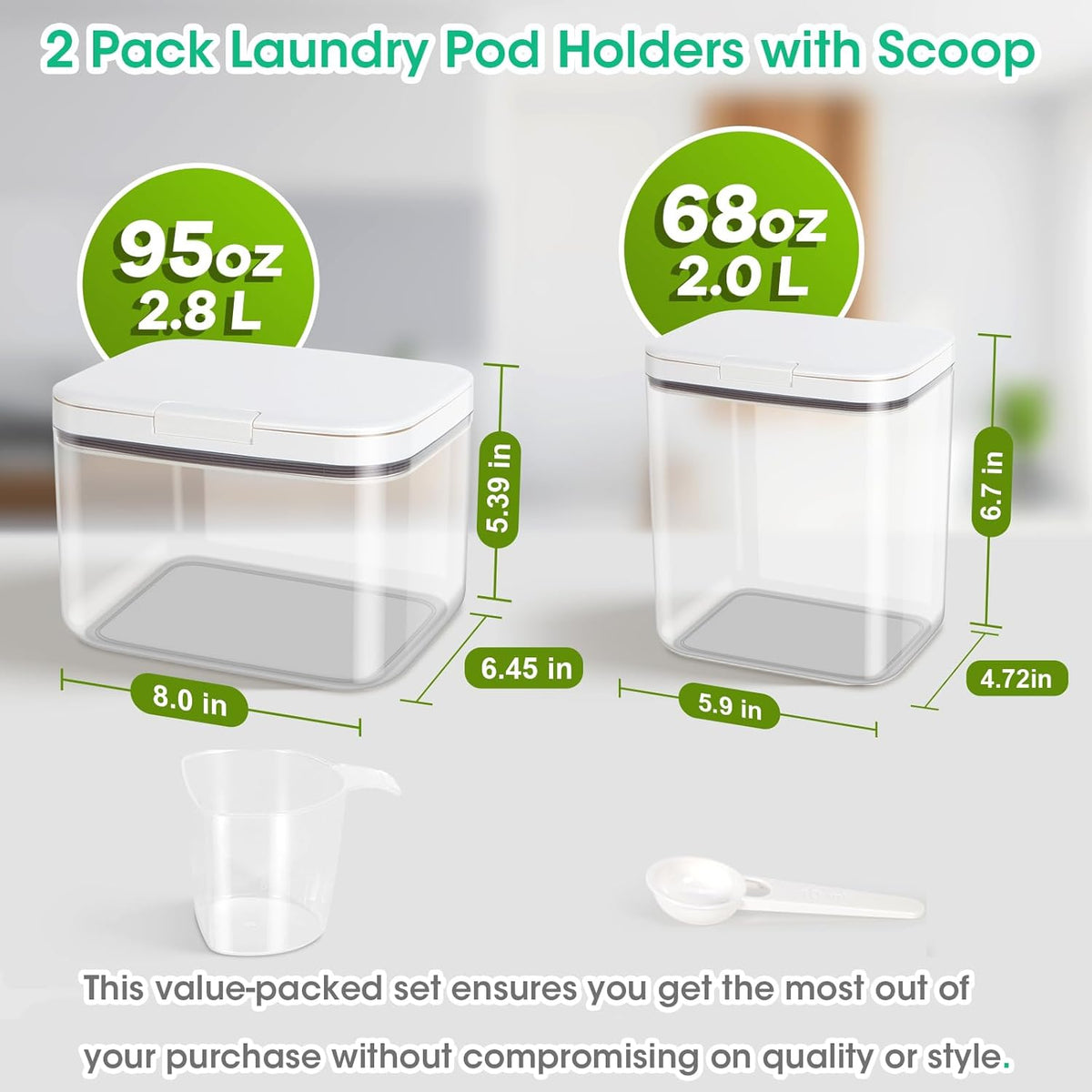 2 Pack Laundry Pods Container with One-Click Pop-up Lid, 95 oz + 68 oz Laundry Room Detergent