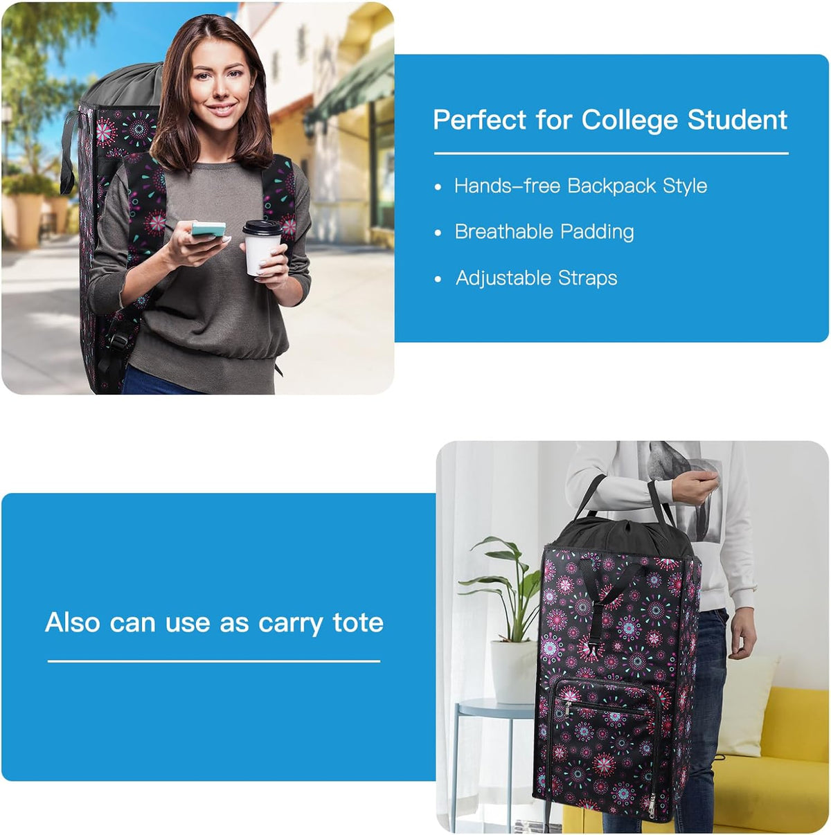 Bukere Laundry Backpack Bag for Women Girls, Extra Large Laundry Basket Hamper for College Dorm