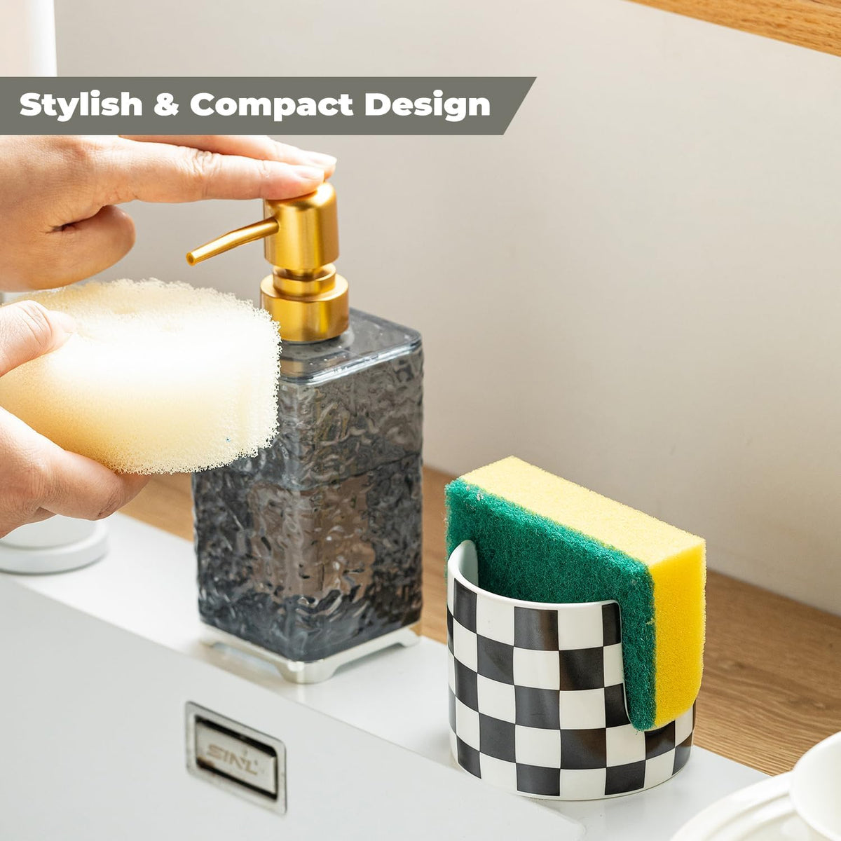 Checkered Kitchen Sink Sponge Holder, Dish Sponge Rack Ceramic Brush Holder Farmhouse Kitchen Dish