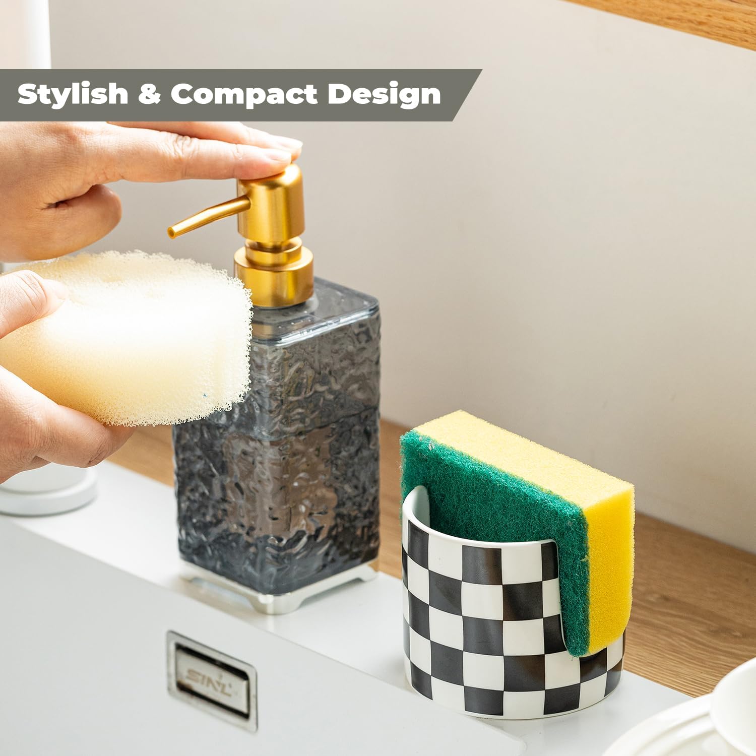 Checkered Kitchen Sink Sponge Holder, Dish Sponge Rack Ceramic Brush Holder Farmhouse Kitchen Dish