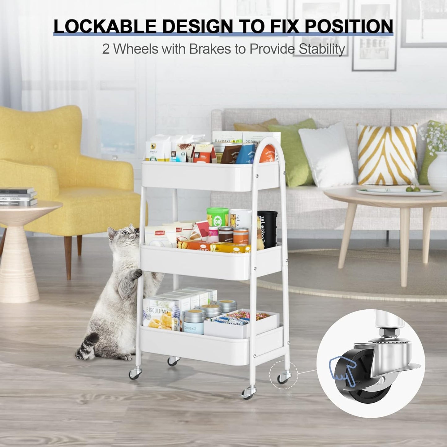 EAGMAK 3 Tier Utility Rolling Cart, Metal Storage Cart with Handle and Lockable Wheels
