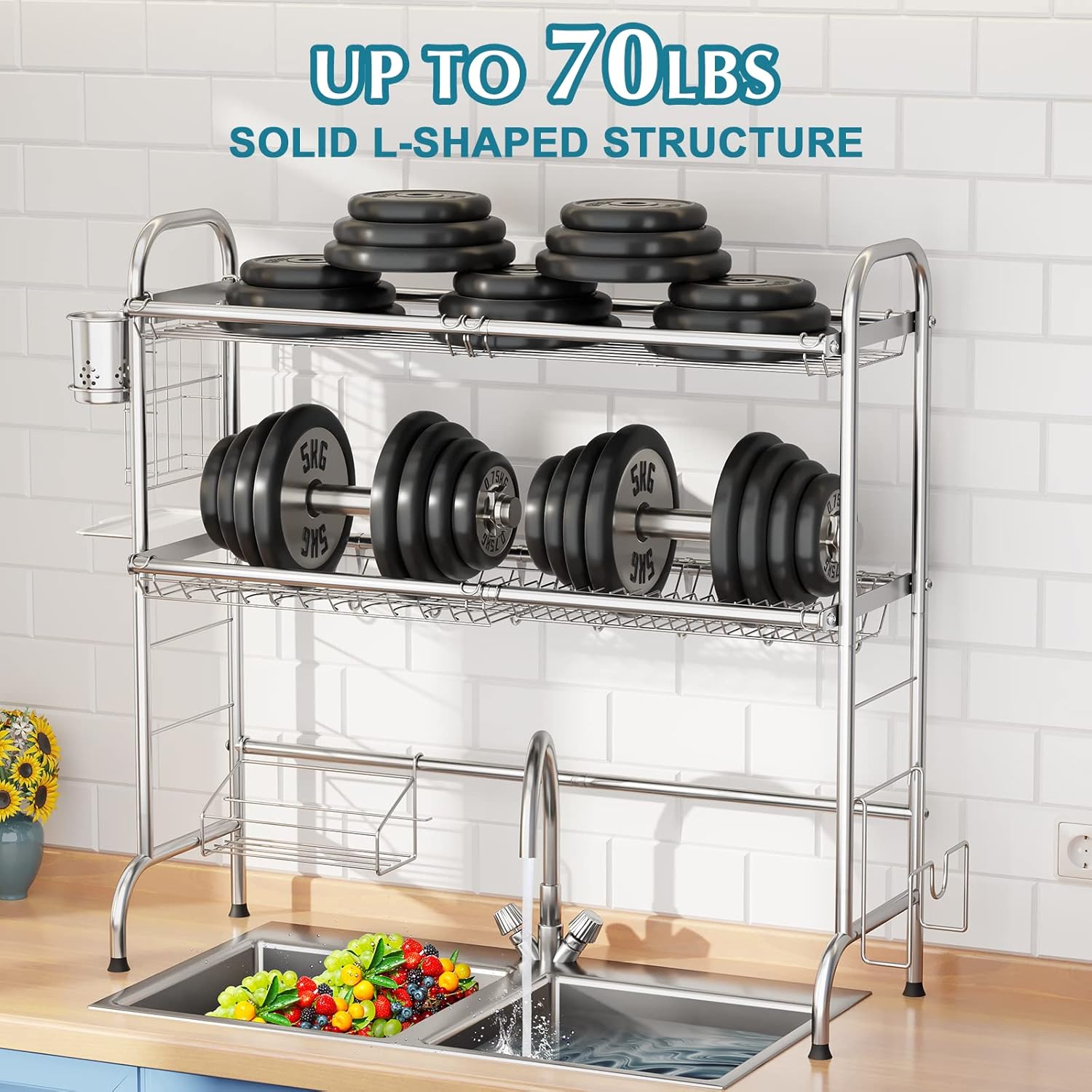HOWDIA Stainless Steel 2-Tier Over The Sink Dish Drying Rack with Utensil Holder, Large, for
