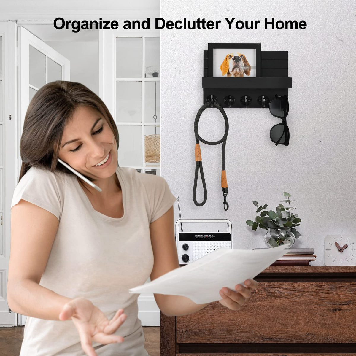 Lwenki Key Holder for Wall, Decorative Key and Mail Holder with Shelf Has Large Hooks for Bags