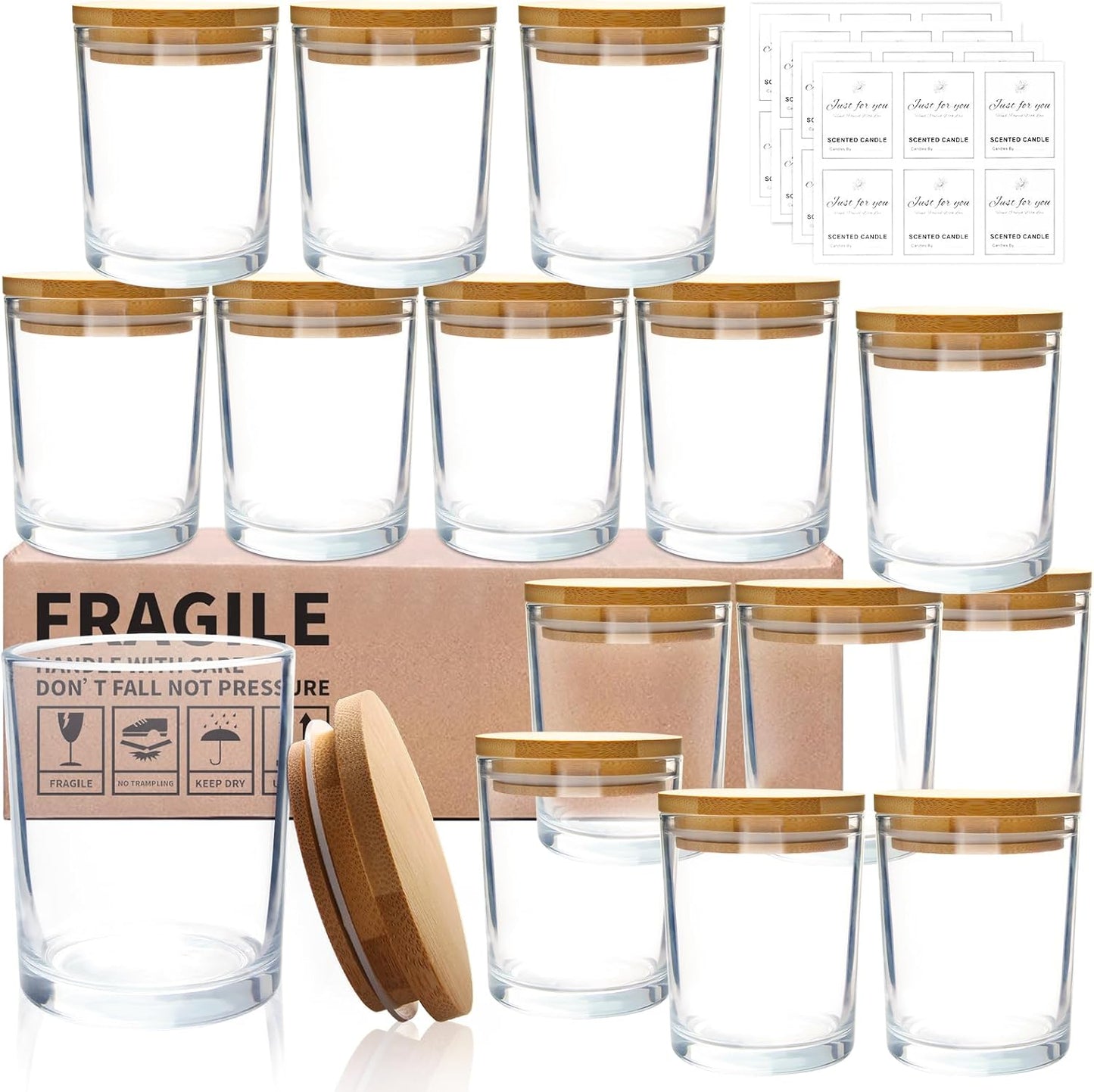CONNOO 15 Pack 7 OZ Clear Candle Jars with Bamboo Lids, Thick Glass Empty Jars for Making Candles