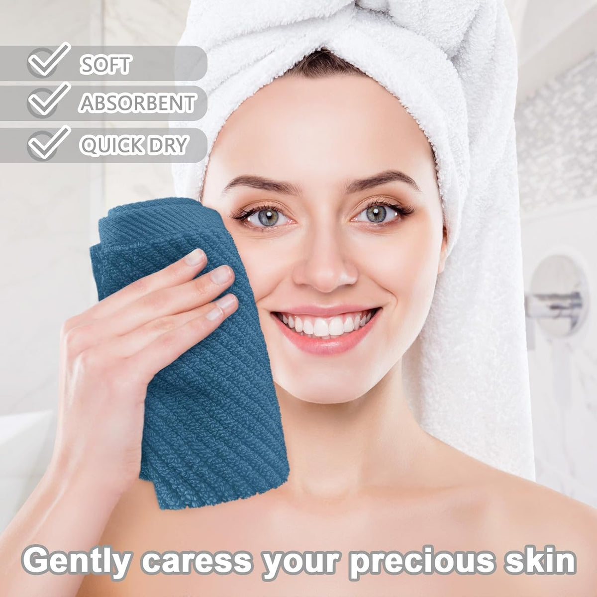 Blue Washcloths 6 Pack, 13"x13" - 100% Cotton | Lightweight | Thick | Quick Dry | Soft | Absorbent