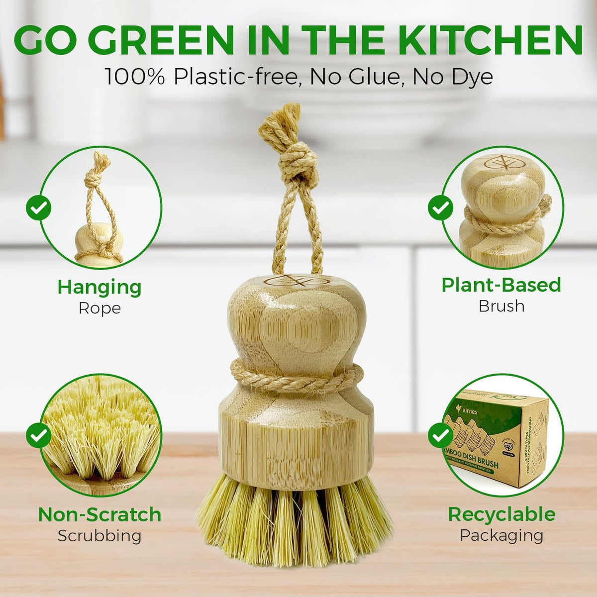 Bamboo Dish Brush Set of 3-100% Plastic Free Kitchen Scrubber with Medium Stiff Sisal and Strong