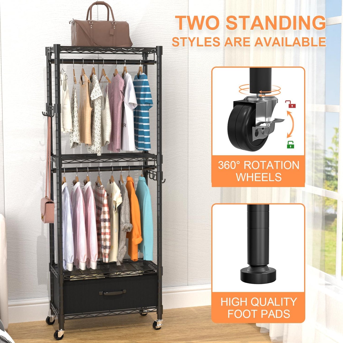 Clothes Rack, Clothing Rack for Hanging Clothes, 4 Tiers Adjustable Closet Organizer System with
