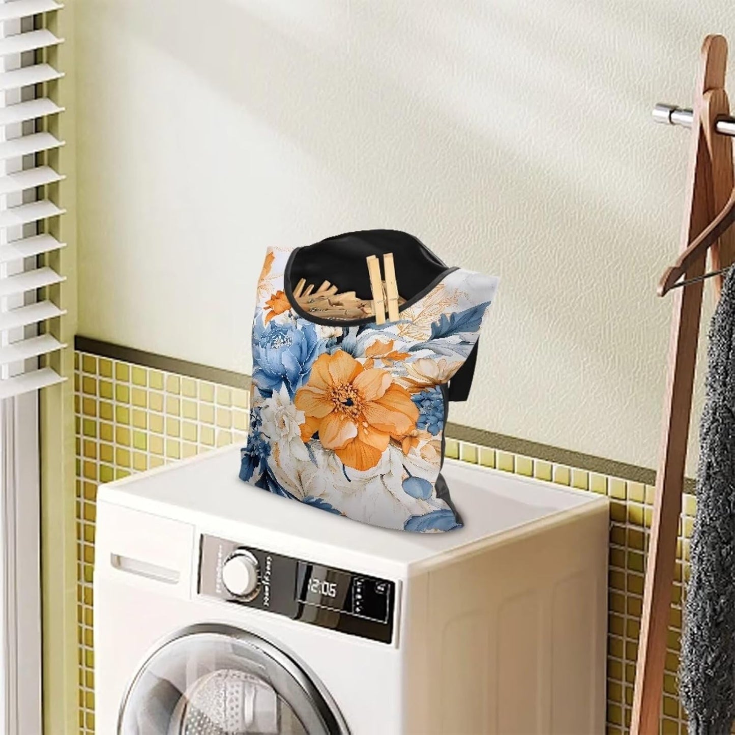 Art Flowers Clothespin Bag with Hanging Hook Summer Laundry Clothes Pin Holders Waterproof Clothes