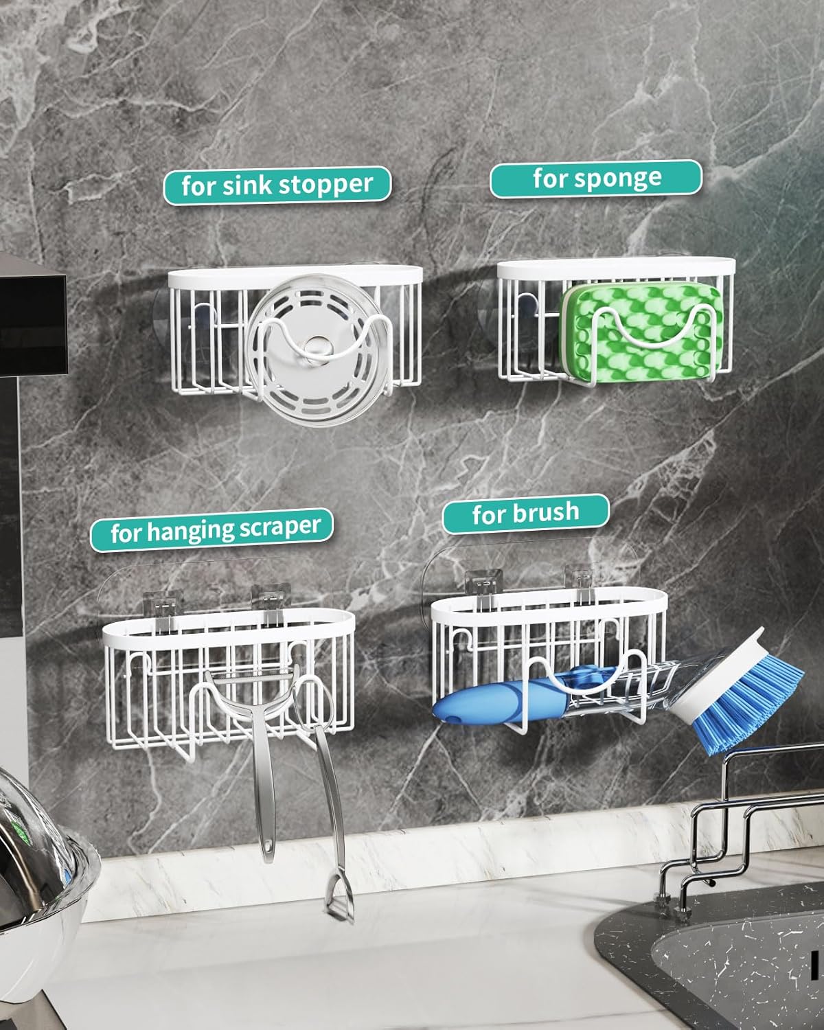 HapiRm Sponge Holder for Kitchen Sink - Sink Caddy with Unique M-Shaped, 2 Installation Methods