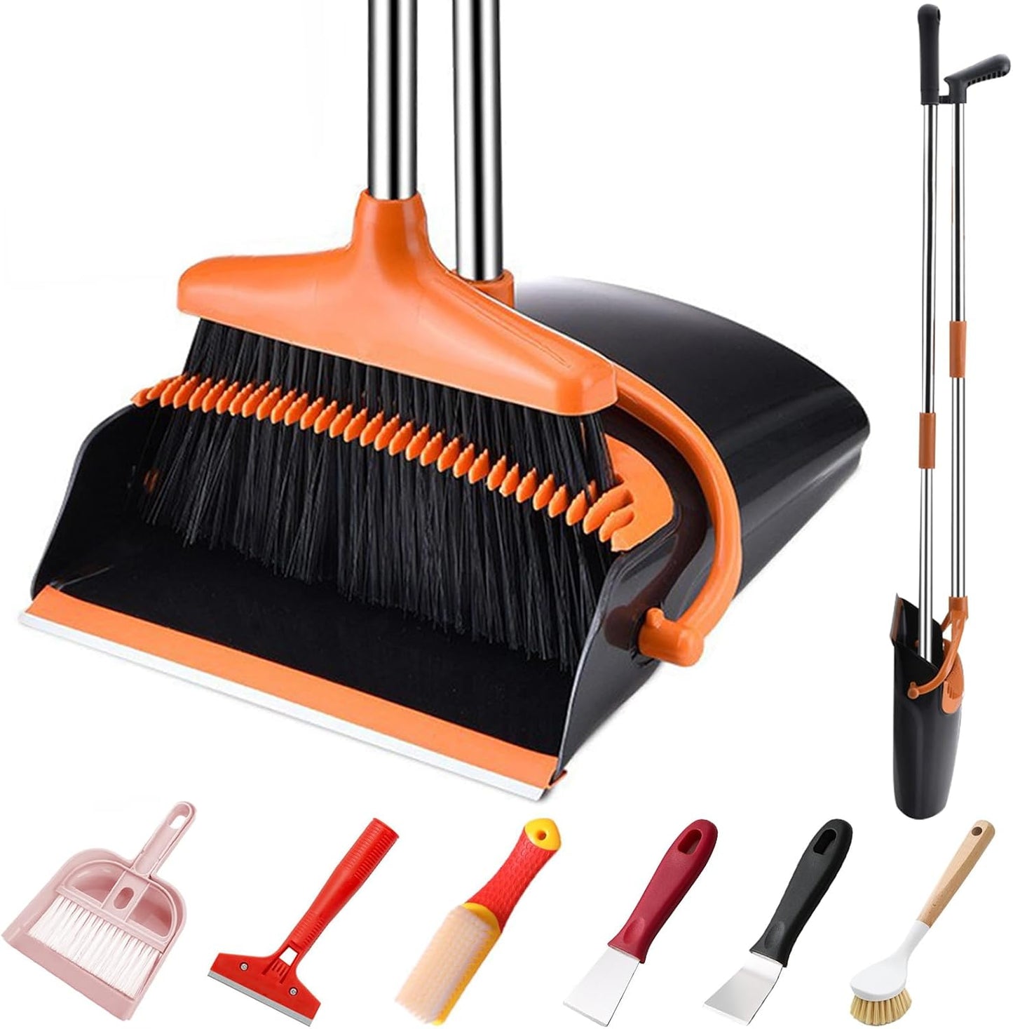 Broom and Dustpan Set with Long Handle and 6 Bonus Cleaning Tools, Upright Standing Combo with