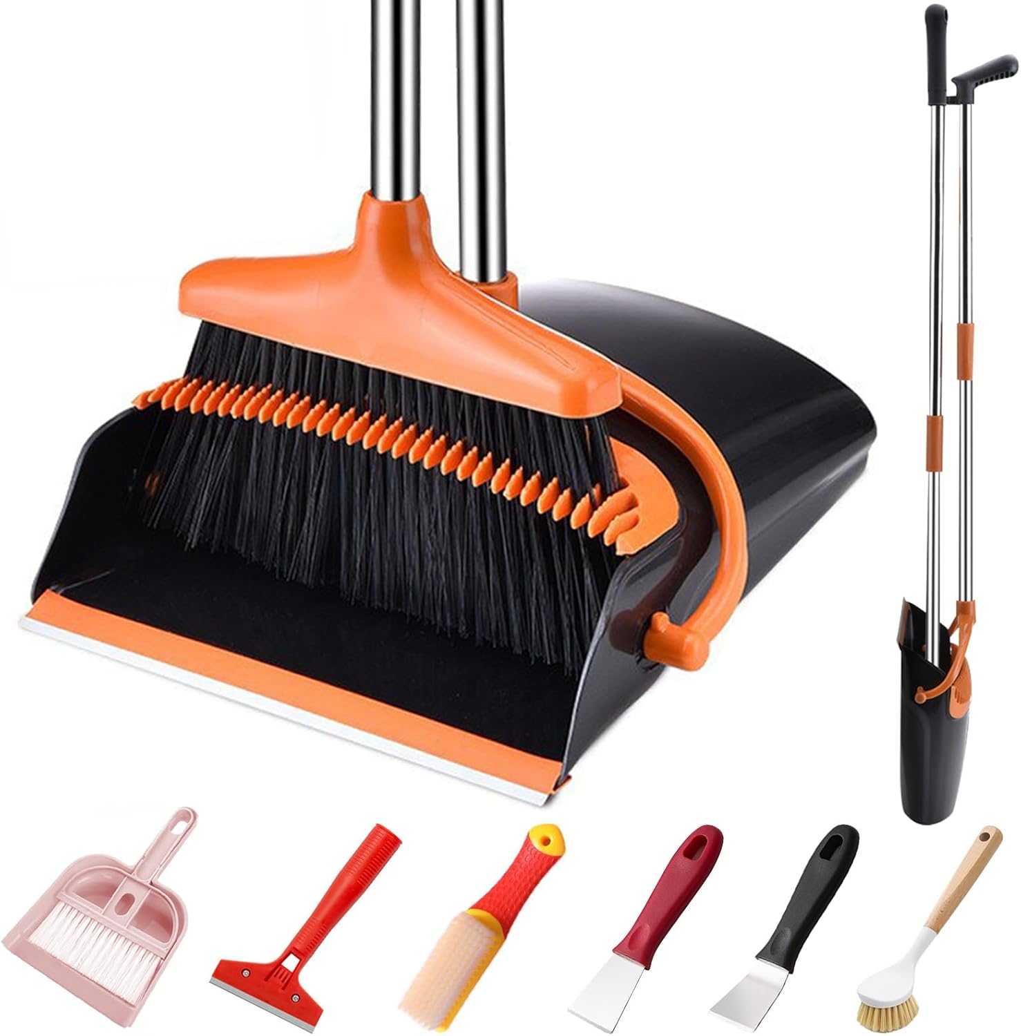 Broom and Dustpan Set with Long Handle and 6 Bonus Cleaning Tools, Upright Standing Combo with