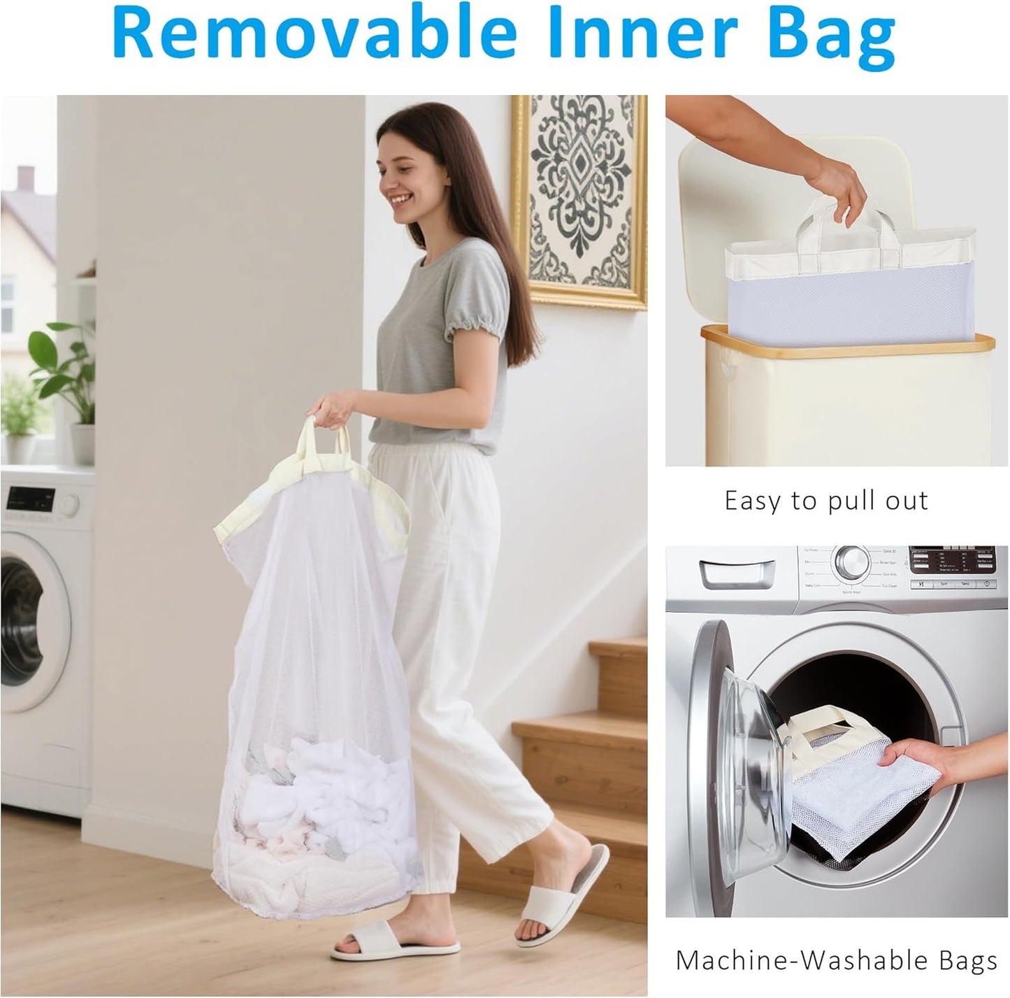 efluky Laundry Basket with Lid and Removable Bag, 100L Tall Laundry Hamper with Bamboo Handles