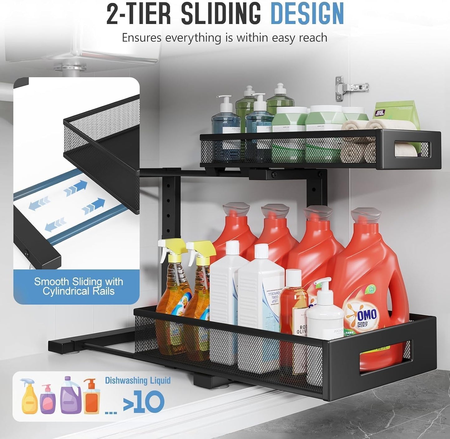 2-Pack Under Sink Storage Organizer, Large 2-Tier Elegant Mesh Pull Out Shelf for Kitchen and