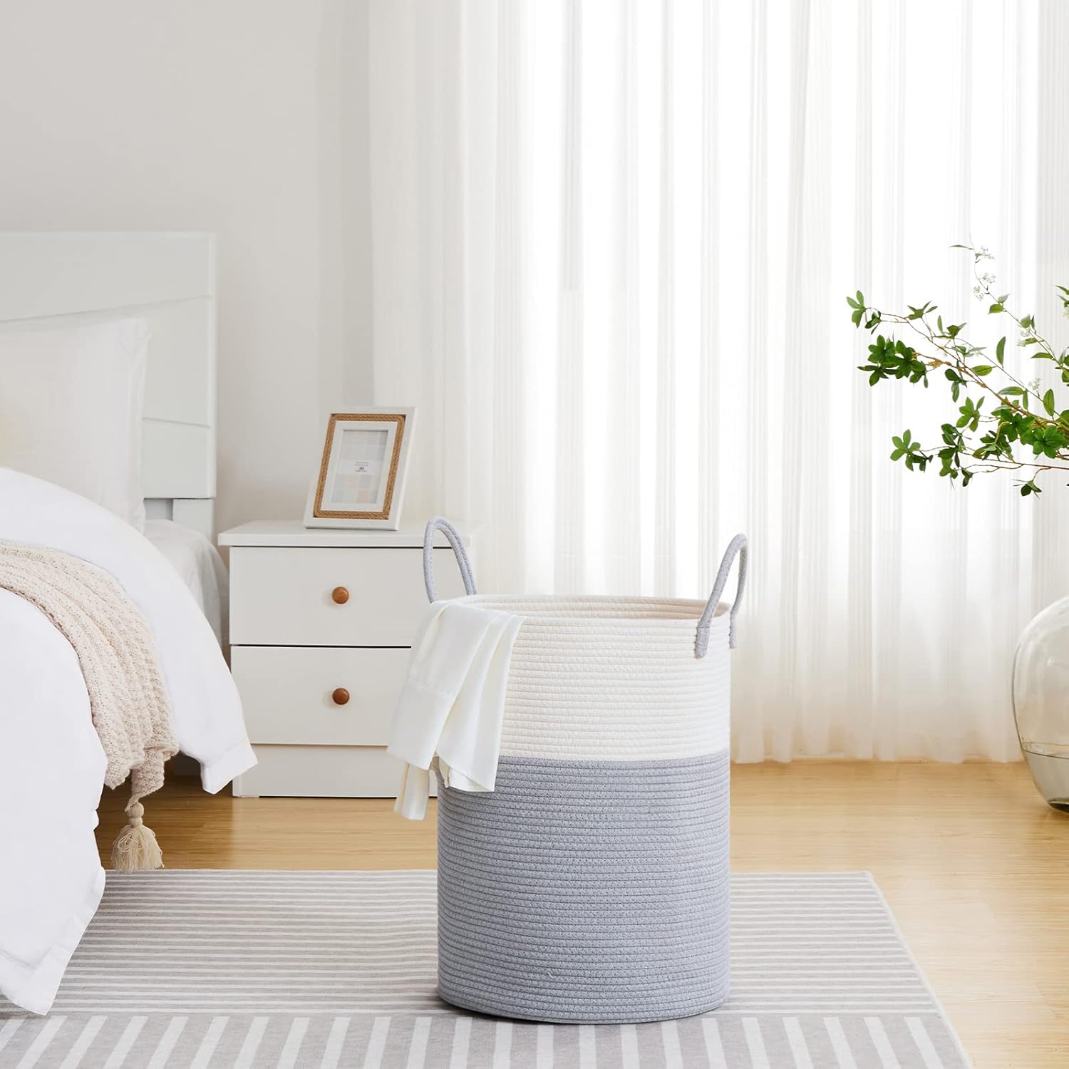VIPOSCO Large Laundry Hamper, Tall Woven Rope Storage Basket for Blanket, Toys, Dirty Clothes in