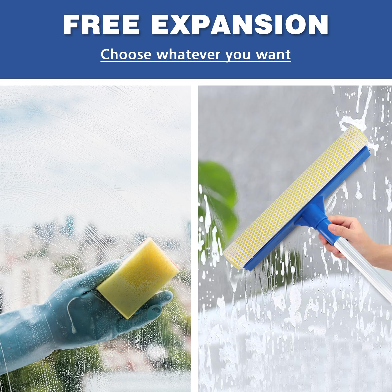 Professional Window Squeegee,2 in 1 Squeegee Window Cleaner with Long Stainless Steel Handle,Sponge