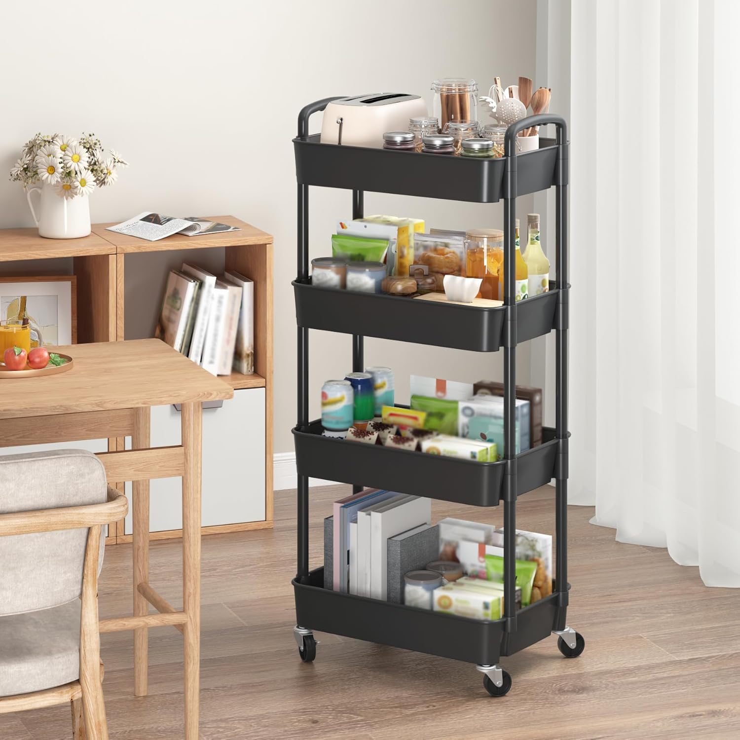 Sywhitta 4-Tier Plastic Rolling Utility Cart with Handle, Multi-Functional Storage Trolley for