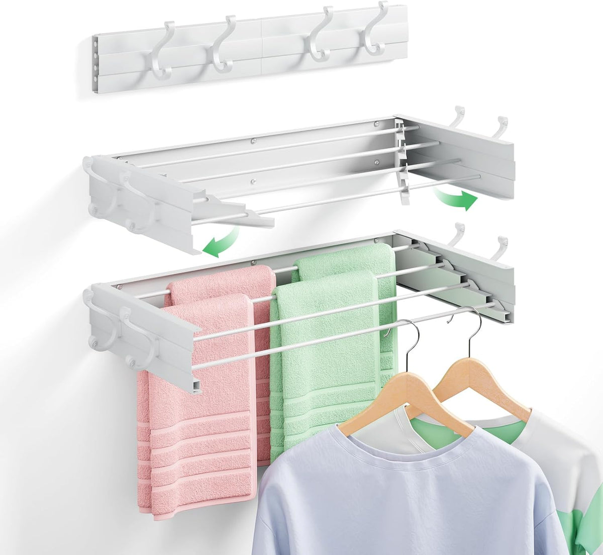 Wall Mounted Clothes Drying Rack for Laundry 23.6", Folding Clothes Drying Rack with 4 Towel Hooks