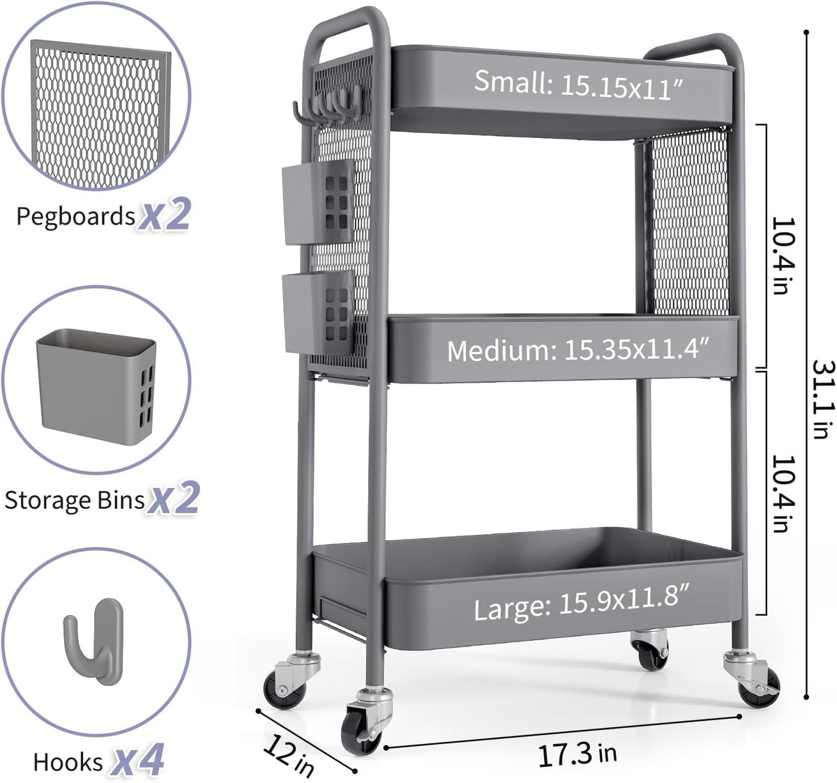 TOOLF 3 Tier Rolling Cart Storage Organizer, Metal Rolling Utility Cart with Wheels, Hooks & Bins