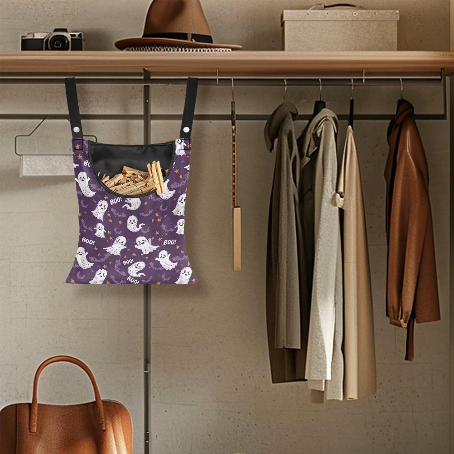 Cute Ghost Clothespin Storage Hanger Bags Laundry Clothespin Bag with a Large Opening, Hanging