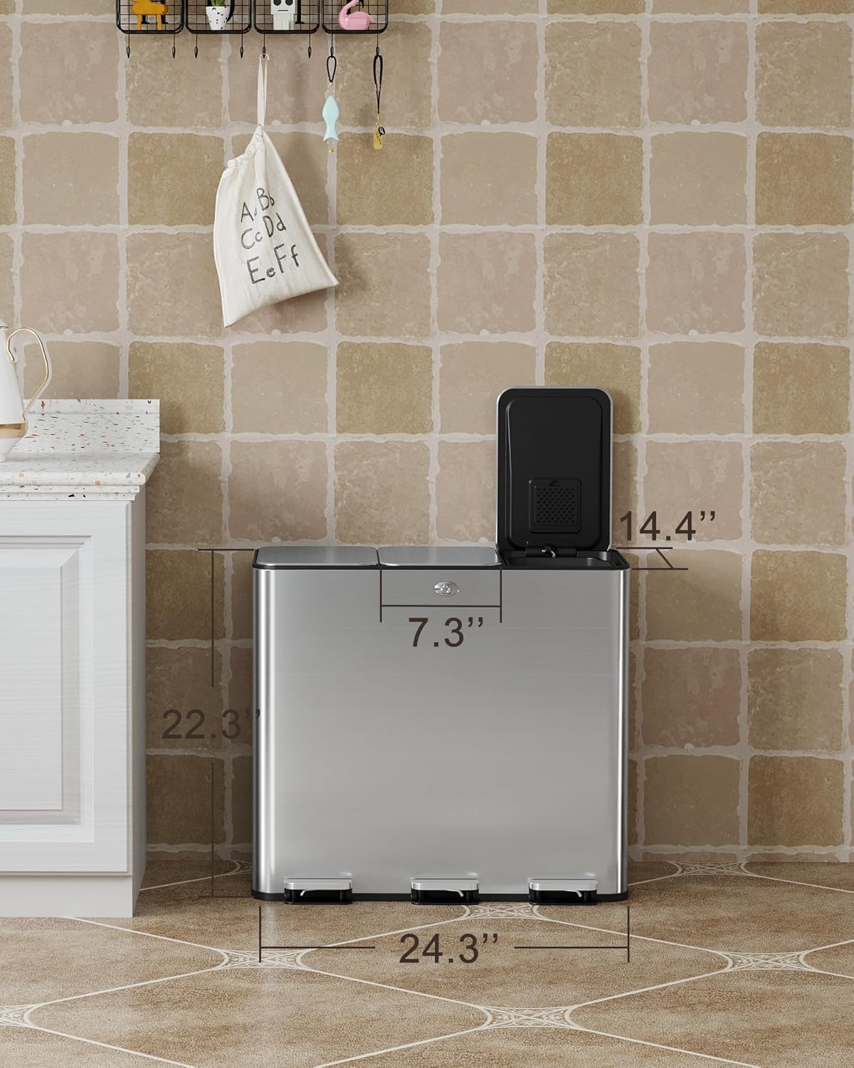 60L/15.9 Gal Gallon Three-Compartment Pedal Stainless Steel Kitchen Recycling Trash Can with Odor