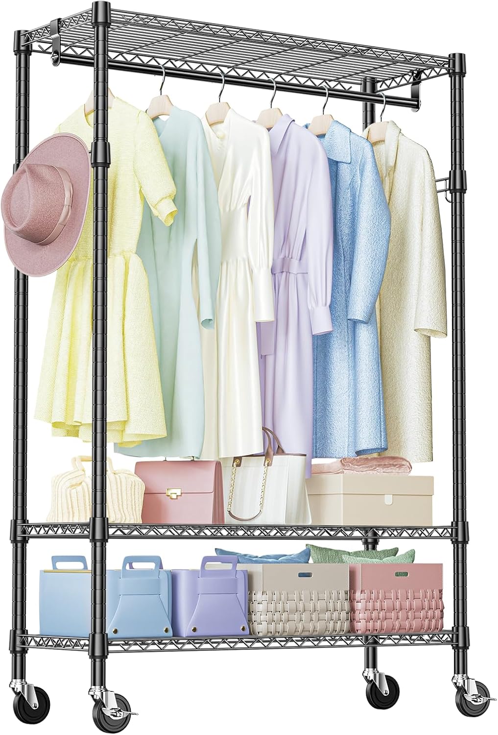 IZEUK Heavy Duty Rolling Garment Rack with 3 Adjustable Wire Shelves, 2 Hanging Rods & Side Hooks