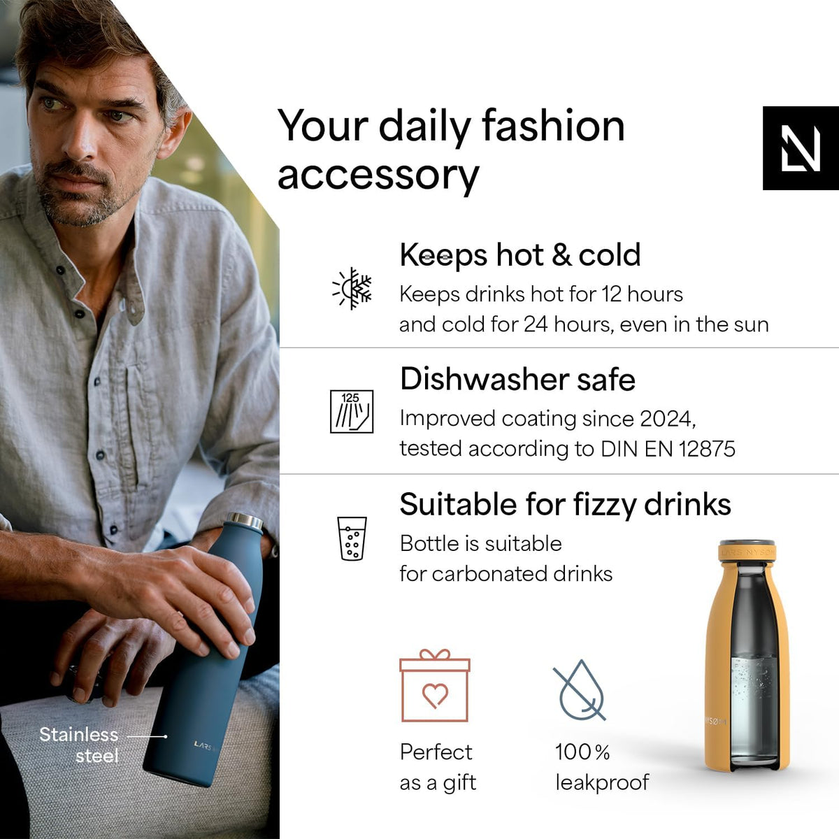 LARS NYSØM Stainless Steel Insulated Water Bottle 12oz 17oz 25oz 34oz 51oz | Insulated Thermo Flask