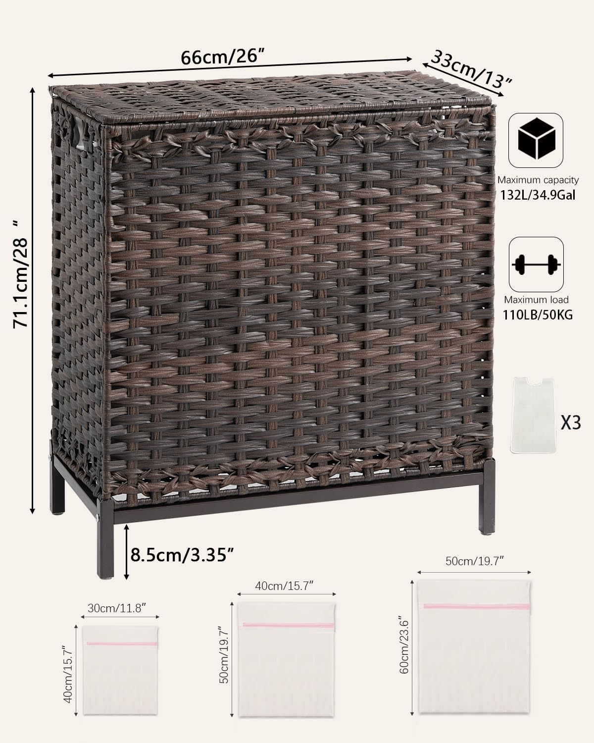 Laundry Hamper with Lid 132 L, (35 Gallons) Clothes Hamper with Lid, Handwoven Rattan Laundry