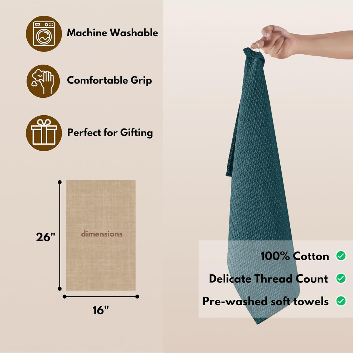 Native Fab Cotton Kitchen Towel with Hanging Loop 16x26 inches, 12-Pack, Waffle Weave Kitchen