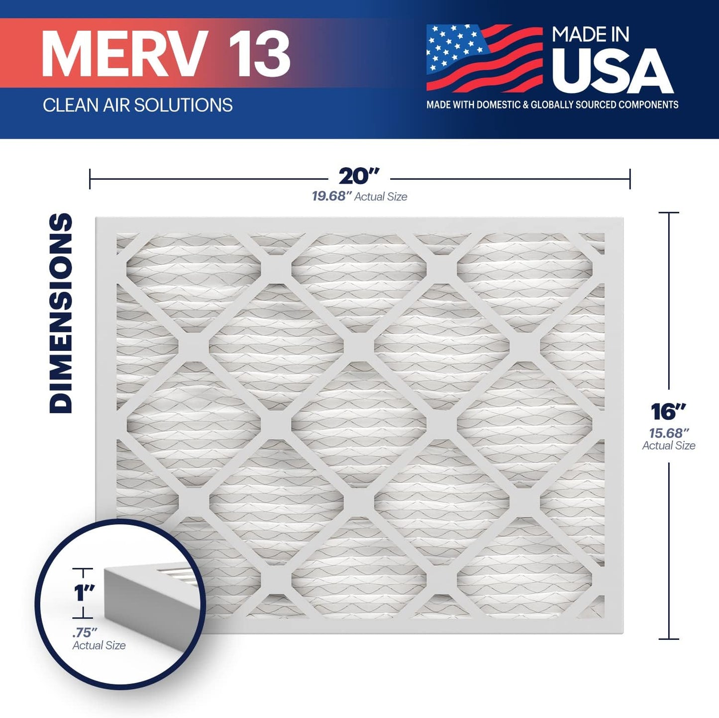 BNX TruFilter 16x20x1 Air Filter MERV 13 (6-Pack) - MADE IN USA - Electrostatic Pleated Air