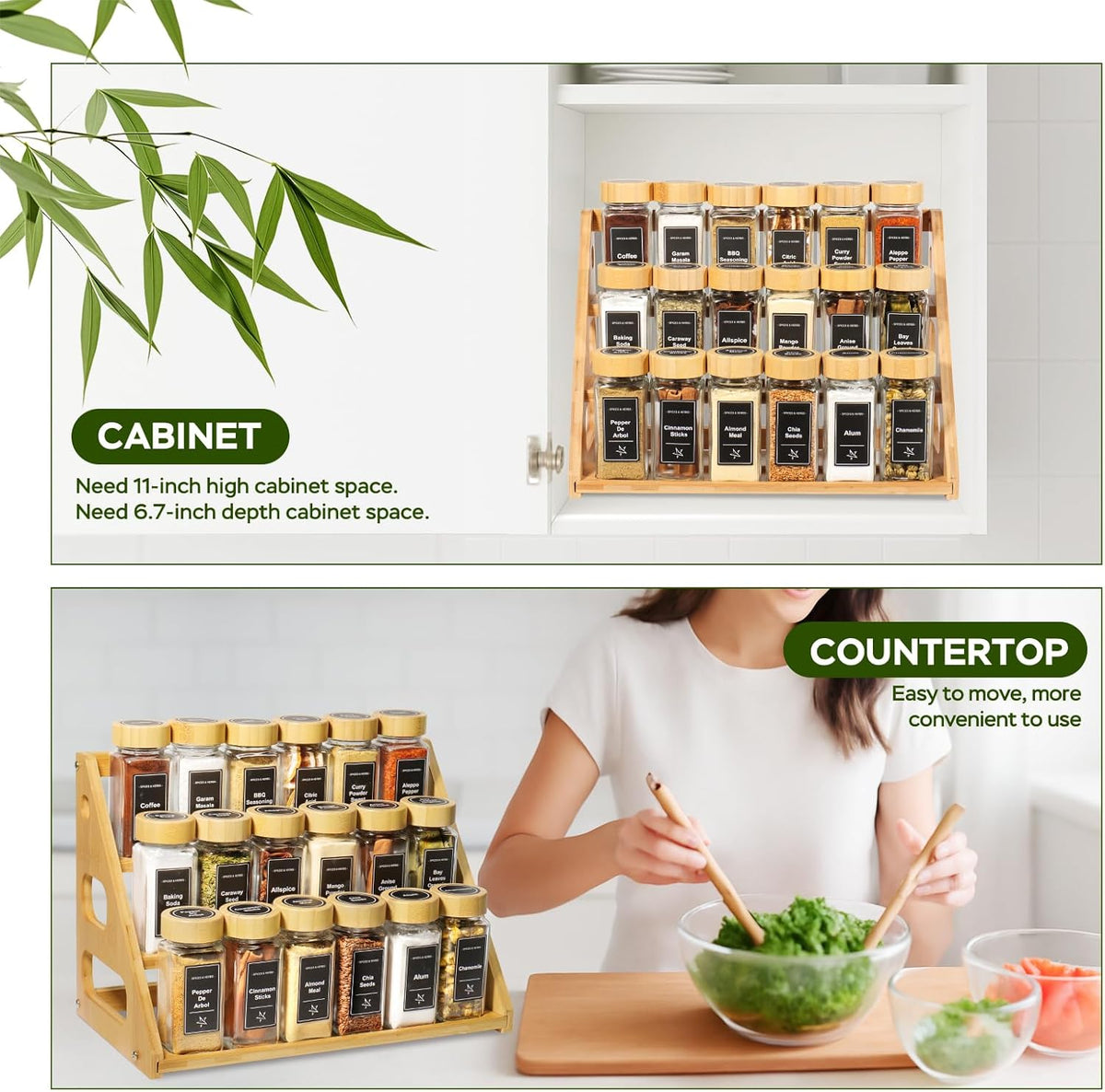 3 Tier Bamboo Spice Rack Organizer with 18 Spice Jars, 780 Labels, Wood Shelf, Chalk Marker and