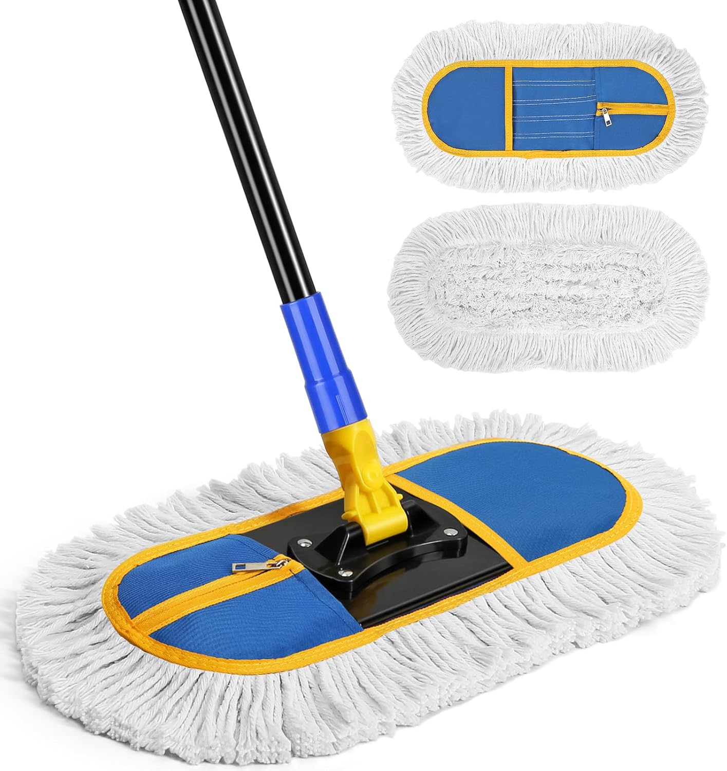 16 Inch Commercial Dust Mop for Floor Cleaning - Industrial Wet Dry Broom with 2 Washable Mops Pads