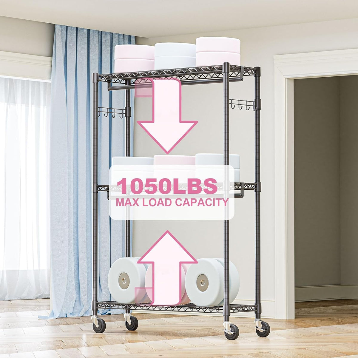 Heavy Duty Rolling Garment Rack 3 Tiers Adjustable Wire Shelving Clothes Rack with 2 Rods and Side