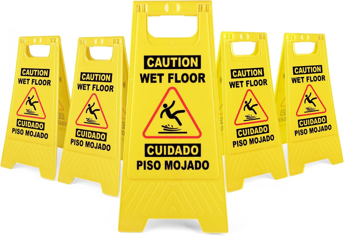 XPCARE 24 Inches Caution Wet Floor Sign, 5PACK Yellow Bilingual Double-Sided Safety Warning Signs,A