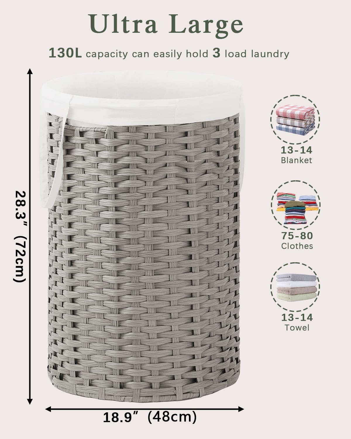 34.3 Gal (130 L) Large Laundry Hamper Laundry Basket Round Handwoven Wicker Laundry Baskets Rattan