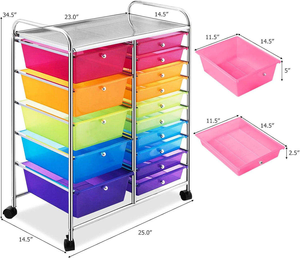 GOFLAME 15-Drawer Rolling Storage Cart, Multipurpose Movable Organizer Cart, Utility Cart for Home